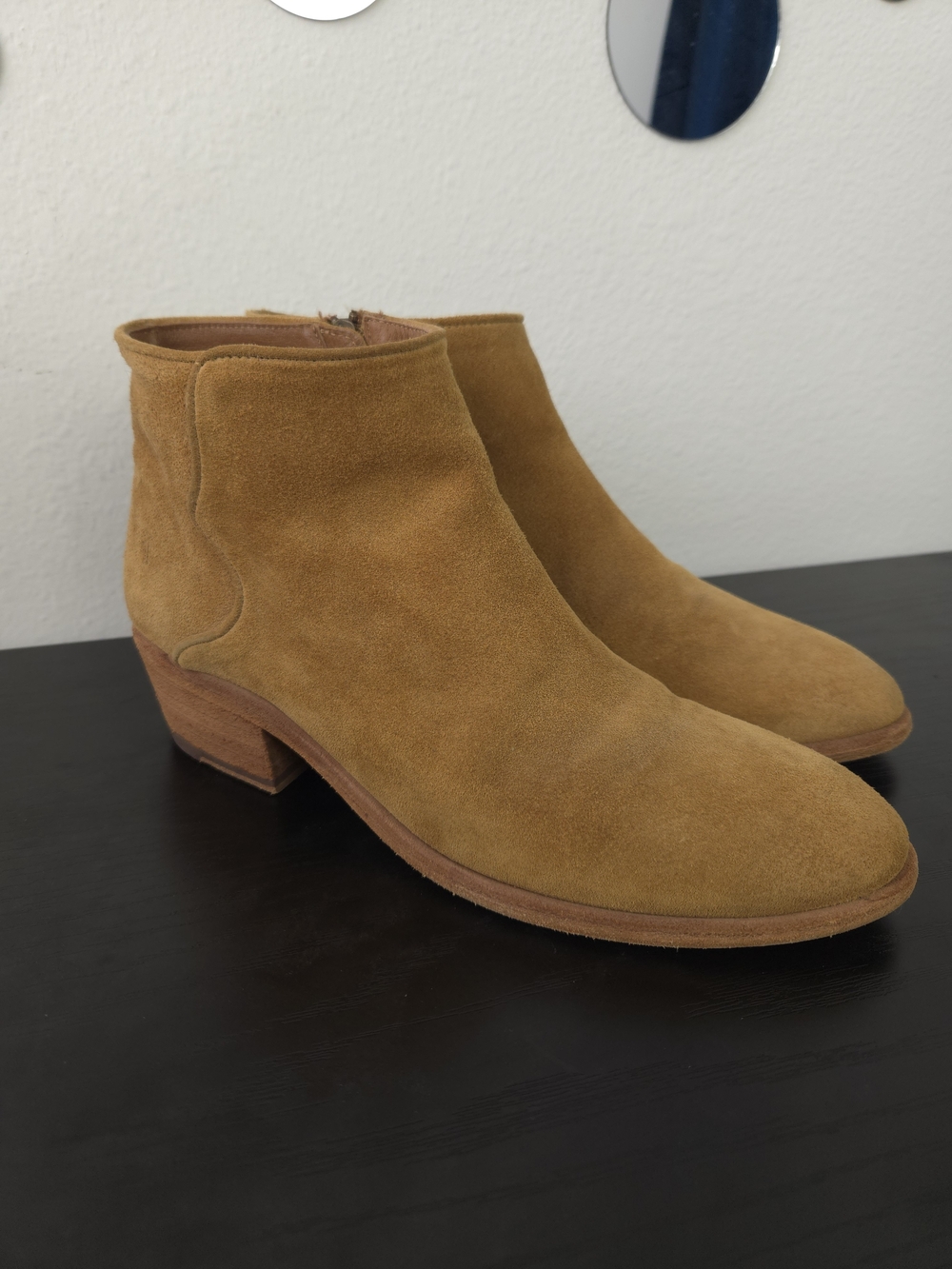 Frye Carson Piping Brandy Suede Leather Ankle Booties Low Block Heel Boots 10M